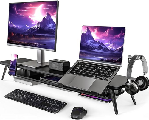 Fenge Dual Monitor Stand with Laptop Holder, Phone Holder, Headset Holder, 2 Levels, Large Multifunctional Computer Screen Stand