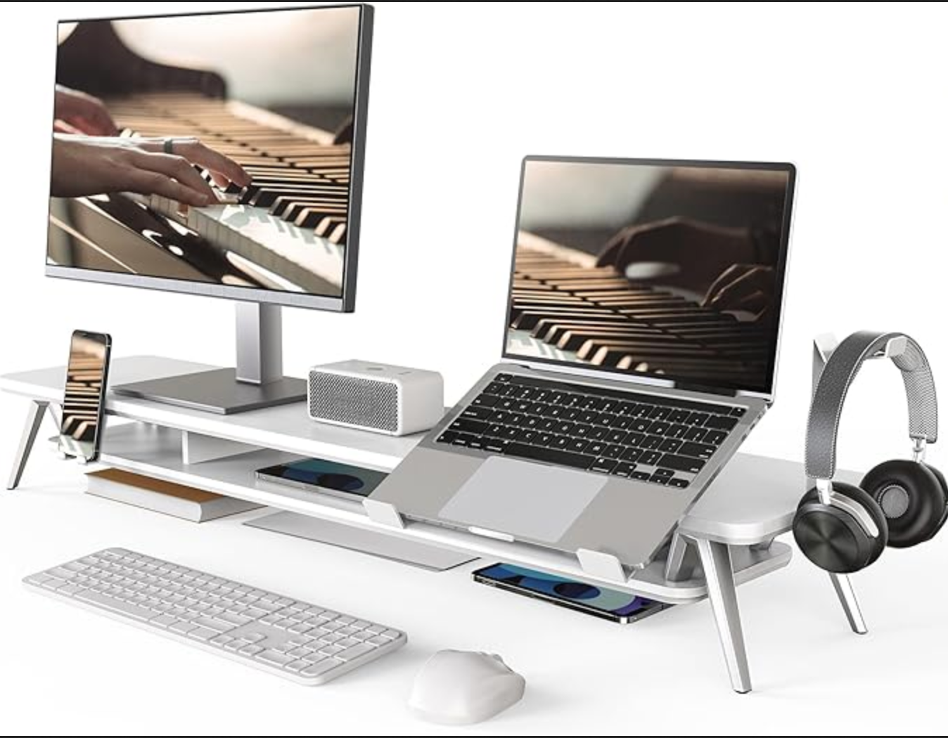 Fenge Dual Monitor Stand with Laptop Holder, Phone Holder, Headset Holder, 2 Levels, Large Multifunctional Computer Screen Stand