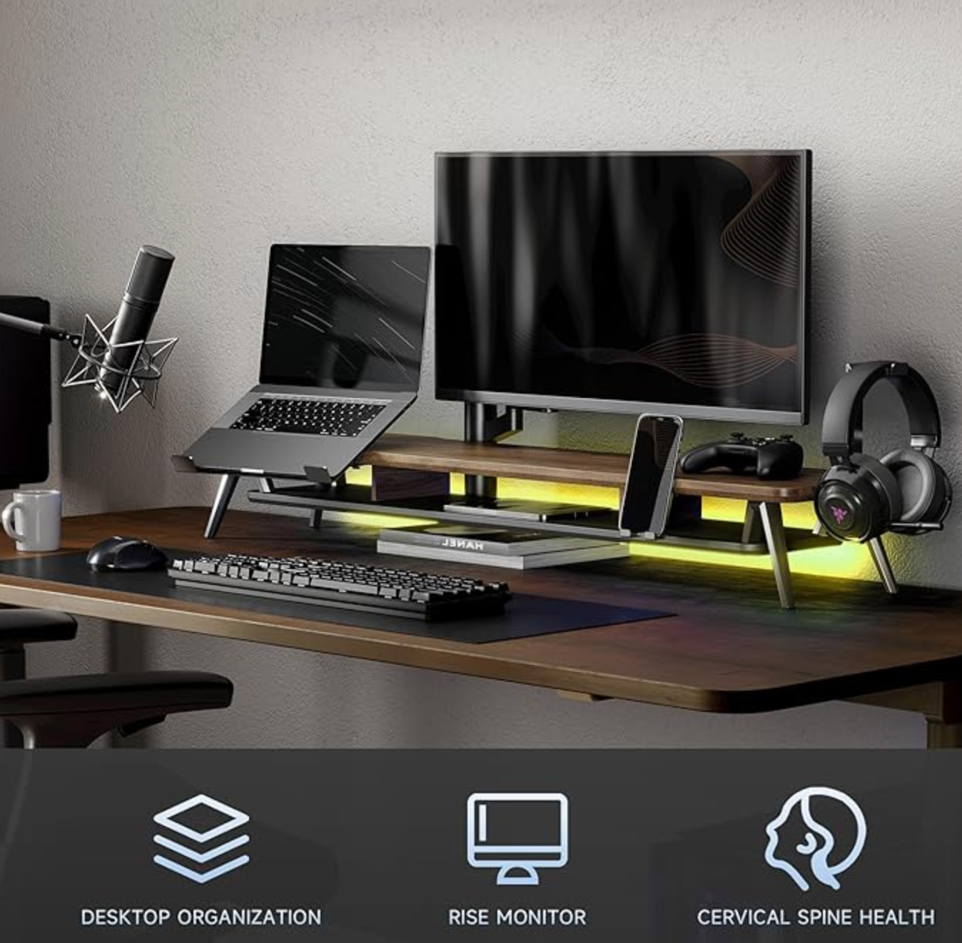 Fenge Dual Monitor Stand with Laptop Holder, Phone Holder, Headset Holder, 2 Levels, Large Multifunctional Computer Screen Stand