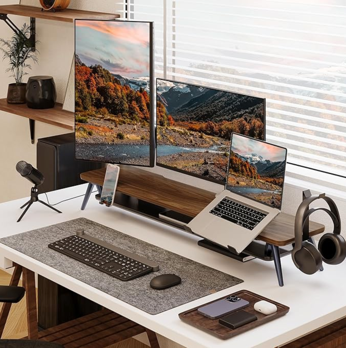 Fenge Dual Monitor Stand with Laptop Holder, Phone Holder, Headset Holder, 2 Levels, Large Multifunctional Computer Screen Stand
