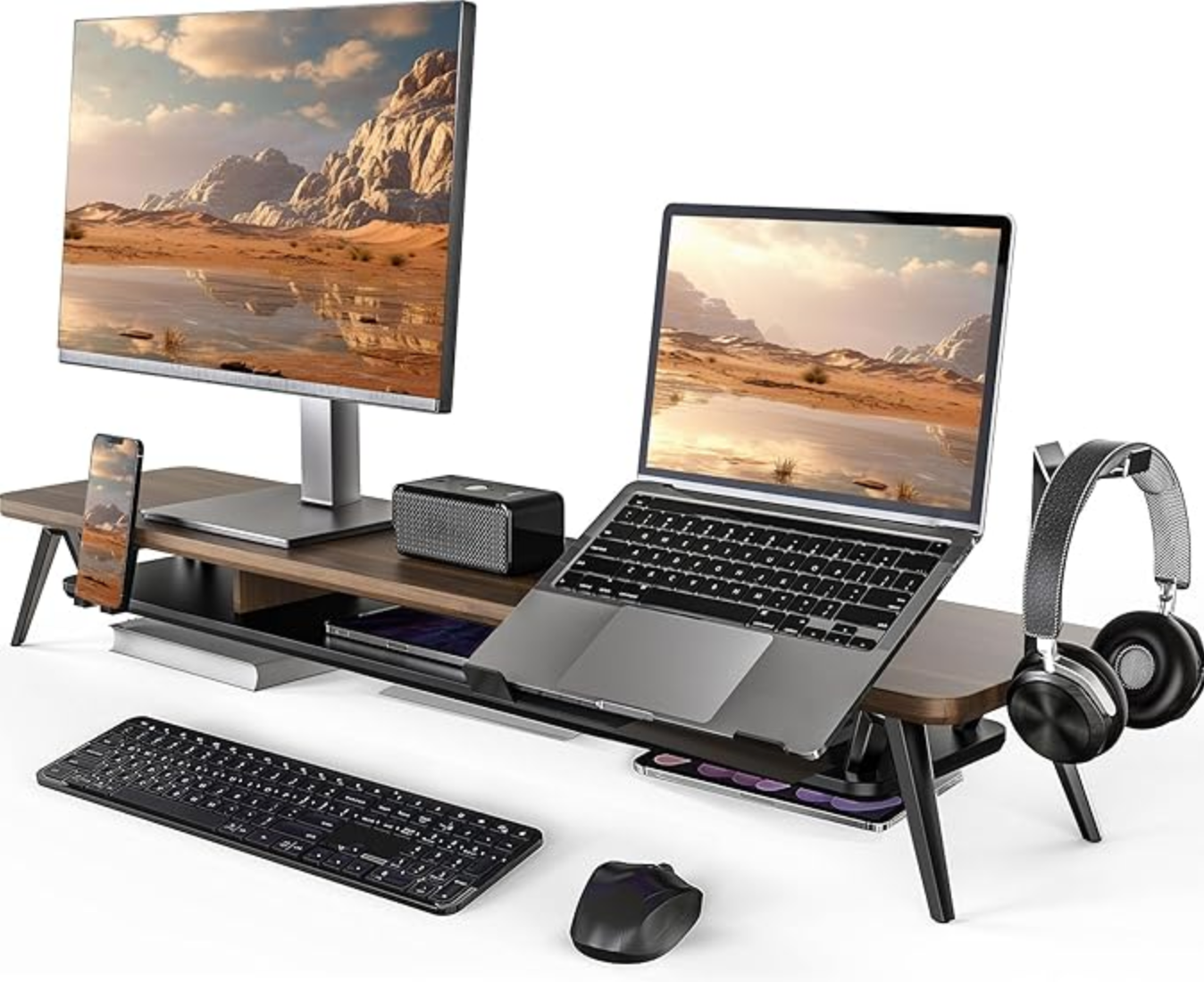 Fenge Dual Monitor Stand with Laptop Holder, Phone Holder, Headset Holder, 2 Levels, Large Multifunctional Computer Screen Stand